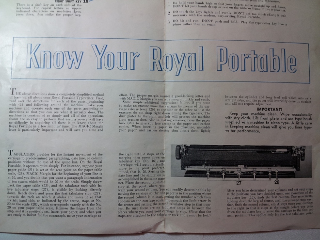 1947 Royal Quiet DeLuxe Typewriter Manual Sheet- pic by Luke Austin Daugherty
